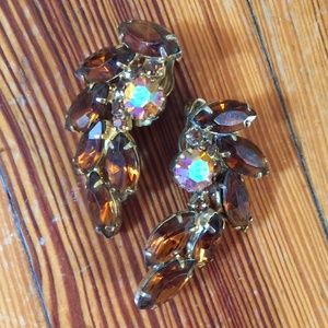 Vintage Rhinestone Amber Clip On Earrings